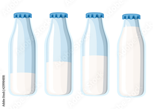 Traditional glass milk bottle. Four milk bottles template. Flat vector illustration isolated on white background