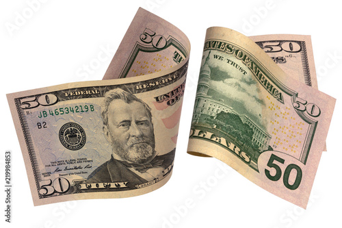 Fifty dollar bills isolated on white background