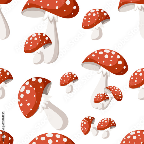 Seamless pattern. Amanita muscaria mushroom cartoon style. Flat vector illustration on white background
