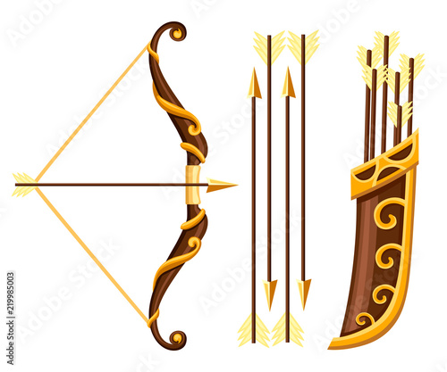 Bow weapon with arrows and quiver. Brown bow with gold ornaments. Wooden quiver. Medieval and fantasy weapon. Flat vector illustration isolated on white background