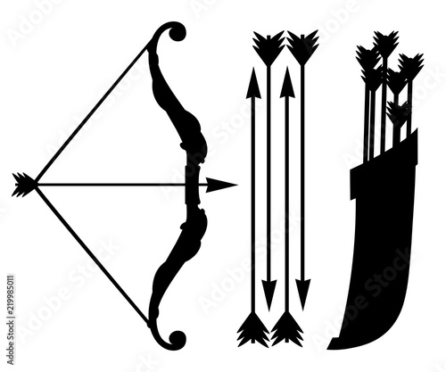 Black silhouette. Bow weapon with arrows and quiver. Wooden quiver. Medieval and fantasy weapon. Flat vector illustration isolated on white background