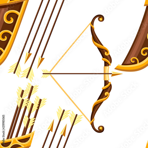 Seamless pattern. Bow weapon with arrows and quiver. Brown bow with gold ornaments. Wooden quiver. Medieval and fantasy weapon. Flat vector illustration on white background