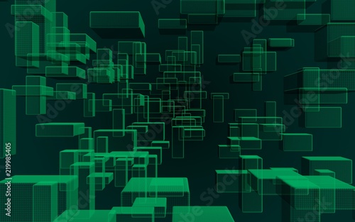 Green and dark abstract digital and technology background. The pattern with repeating rectangles. 3D illustration