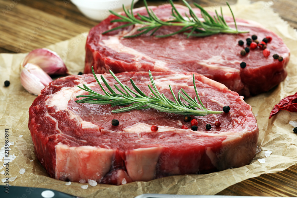 Fototapeta premium Steak raw. Barbecue Rib Eye Steak, dry Aged Wagyu Entrecote Steak.