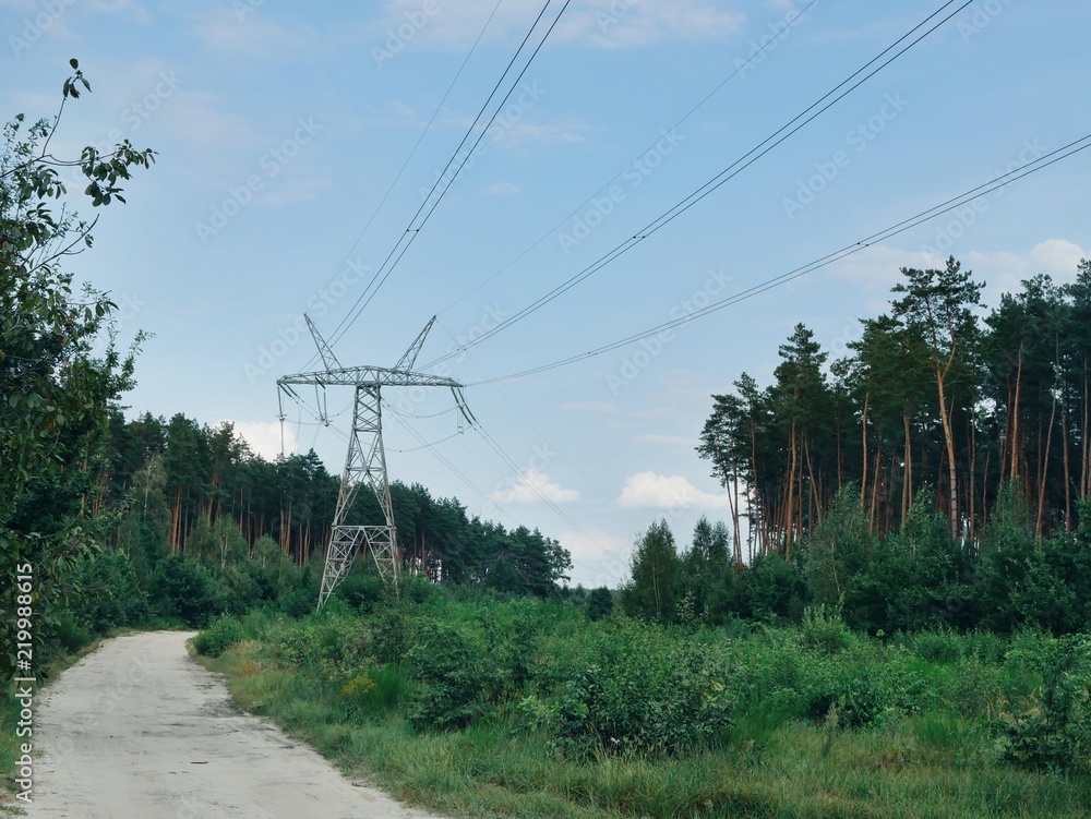 Polonne / Ukraine - 21 August 2018: high-voltage tower in a pine forest