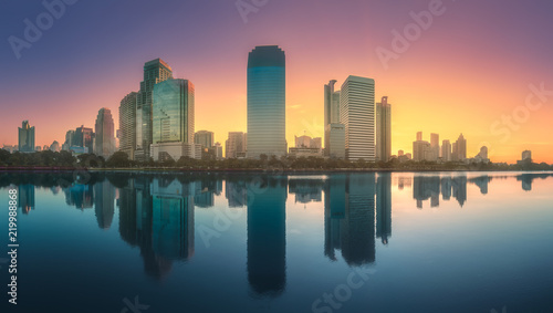 Skyline at lake in Benjakitti park Bangkok