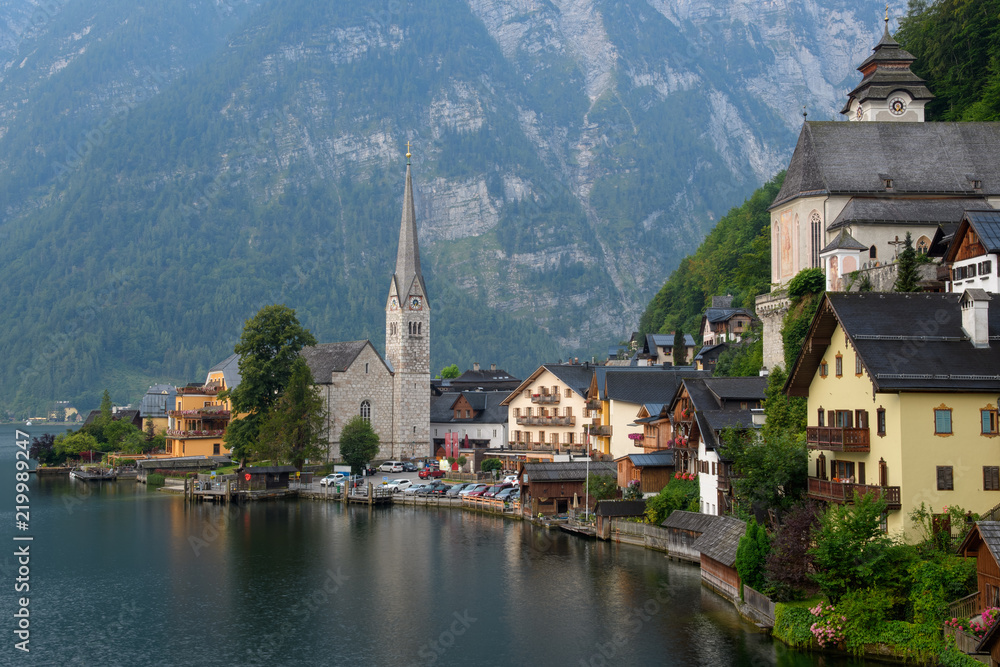 View of the Alpine town of Hallstatt on the shore of a mountain lake