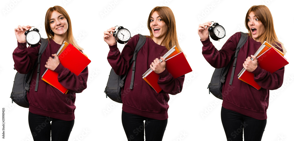 Obraz premium Set of Student woman holding vintage clock