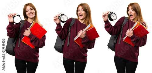 Quadro su tela Set of Student woman holding vintage clock
