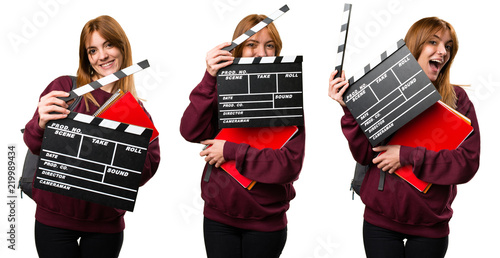 Set of Student woman holding a clapperboard