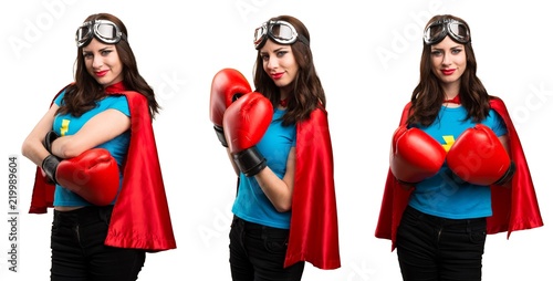 Set of Pretty superhero girl with boxing gloves © luismolinero