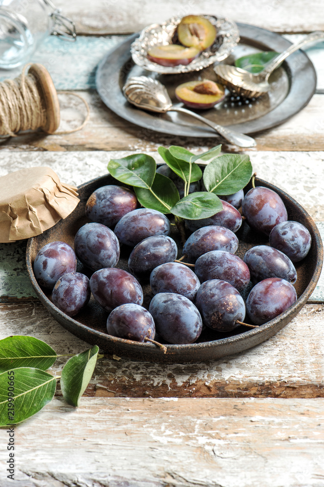 Plum fruits rustic wooden background Jam marmalade Plum fruits rustic wooden background Jam marmalade