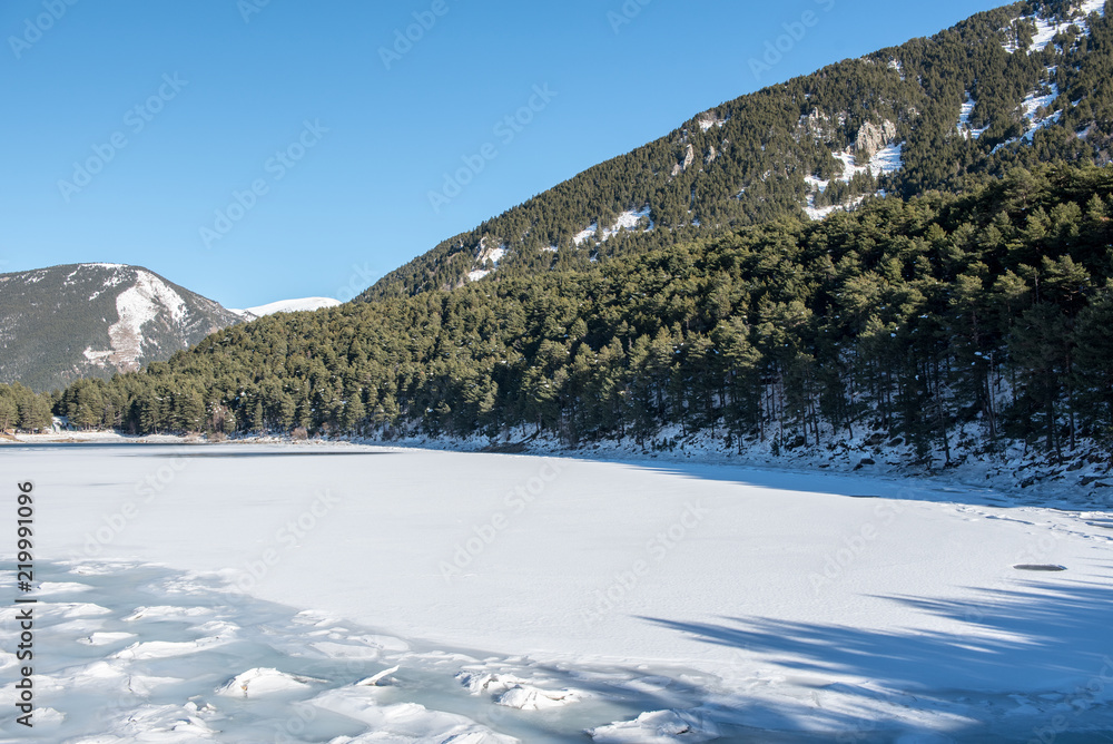 In Winter the Frozen Lake of Engolasters, Encamp, Andorra