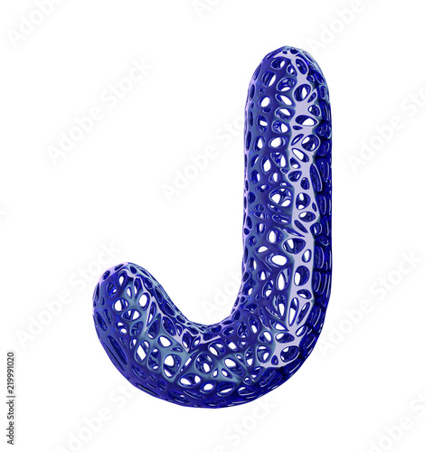 Blue plastic letter J with abstract holes. 3d