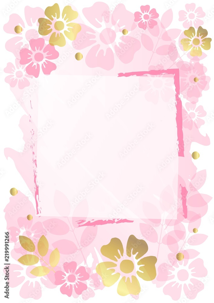 Decorative pink background with frame, pink and golden leaves and flowers for text, lettering, invitation, wedding, postcard, greeting card, advertising, photo, start image, cover, album