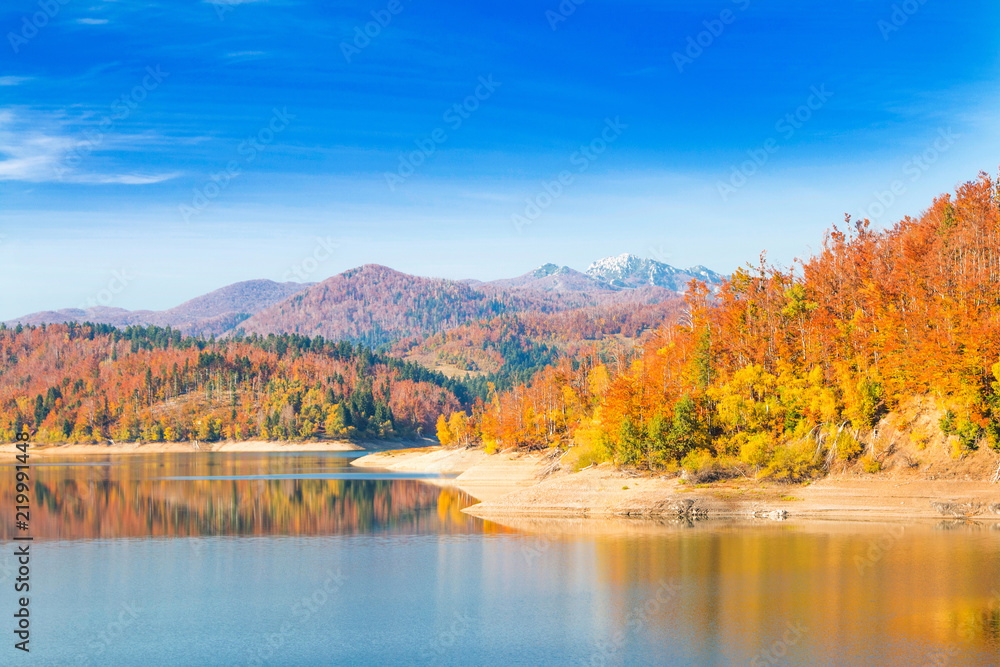 Gorski kotar, mountain Risnjak and Lokvarsko lake, Croatia, beautiful autumn landscape, warm colors Gorski kotar, mountain Risnjak and Lokvarsko lake, Croatia, beautiful autumn landscape, warm colors