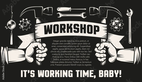 Repair workshop with hands and working tools - hammers,  spanner,  screwdriver. Black background, retro style.