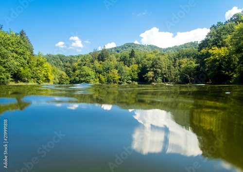 view from the water level with green trees and blue sky with fluffy white clouds serenity scene concept photo