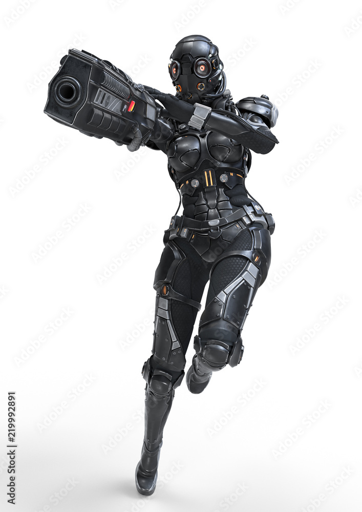 Science fiction cyborg female jumping and shooting with gun. Cyborg girl with big gun in one hand. Young Girl in a futuristic black armor suit with a helmet. Shooter. 3D rendering on white background.