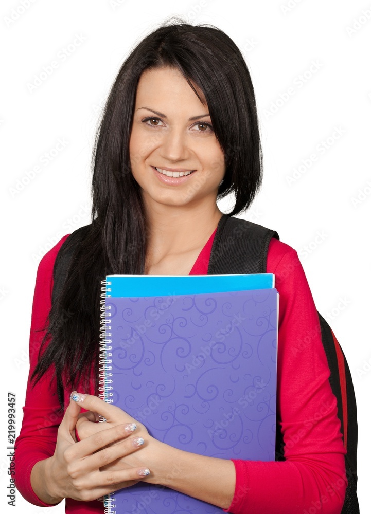 Friendly Young Woman with Backpack Holding Note Pads - Isolated Friendly Young Woman with Backpack Holding Note Pads - Isolated