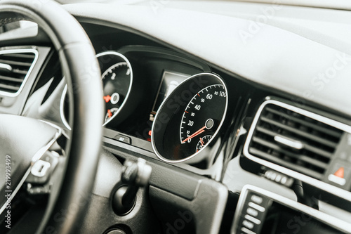 Close up modern vehicle dashboard interior speedometer © Youril