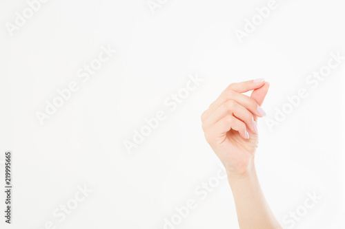 female hand hold something  isolated on white  woman s palm making gesture while showing small amount of something on white isolated background  side view  close-up  cutout  copy space