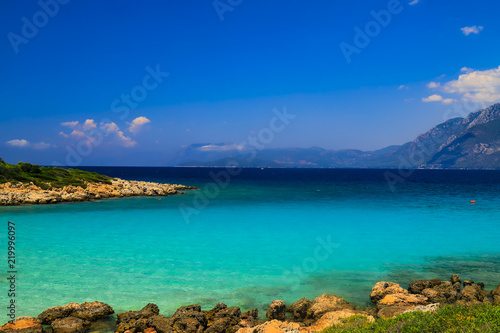 The picturesque Cleopatra beach in the Aegean Sea in Turkey, near Bodrum and Marmaris - a beautiful place for excursions, travel, vacation and recreation