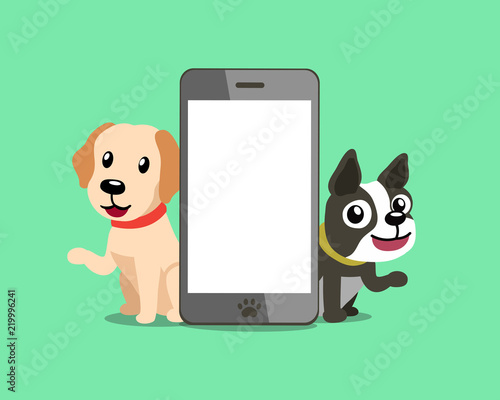 Cartoon character labrador retriever dog and boston terrier dog with smartphone for design.