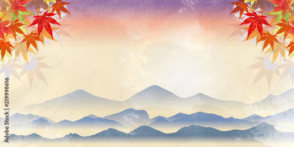 モミジと霞んだ山の背景イラスト 秋のイメージの背景 飾り枠 モミジと風景イラスト 水彩画タッチ 青 Stock Illustration Adobe Stock