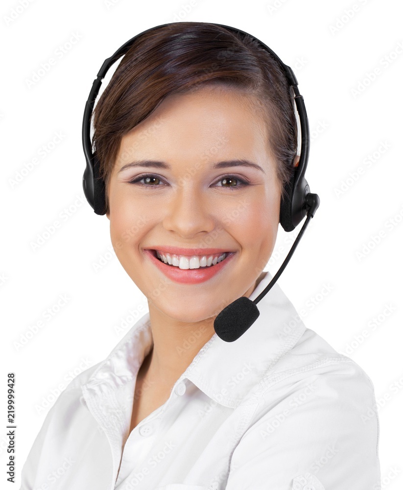 Young Woman in Headset as Support Phone Operator Young Woman in Headset as Support Phone Operator