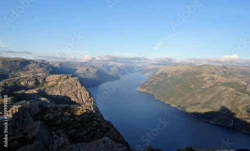 view of river and mountains and Preikestolen in Norway