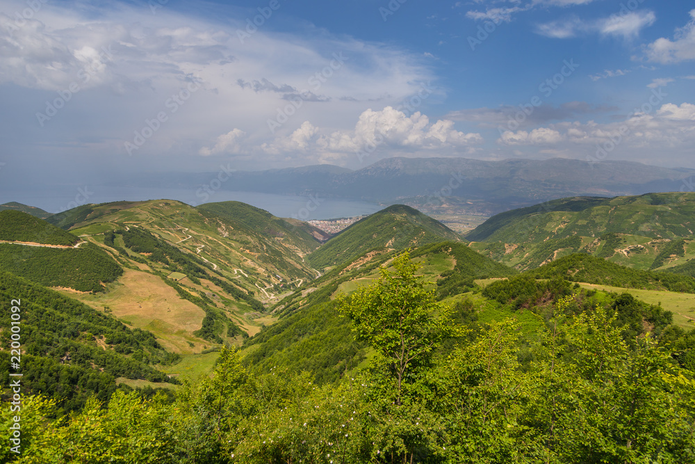 Scenic landscape view in Albanian mountain, Ohrid lake in the background.