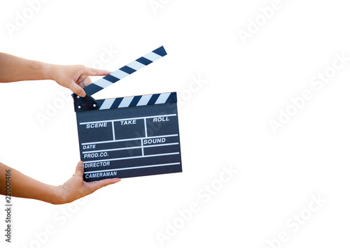 Wallpaper Mural Man hands holding movie clapper isolated on white background. Shown slate board. use the colors white and black. Realistic movie clapperboard. Clapper board isolated. Film director concept. Torontodigital.ca