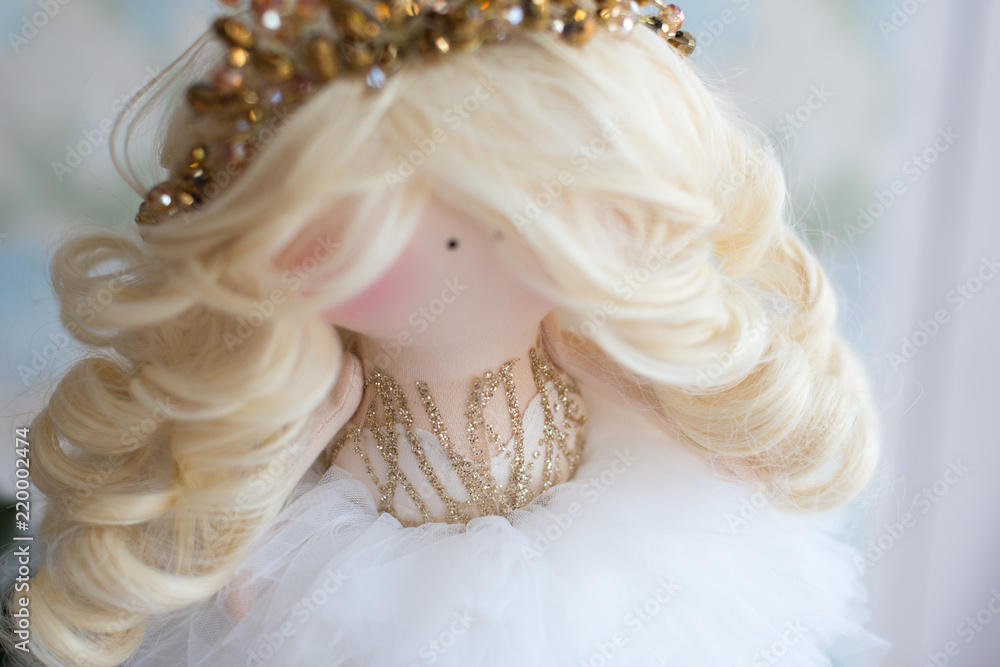 Textile doll with beautiful tiara on curly blond hair.  Handmade. Doll with white dress