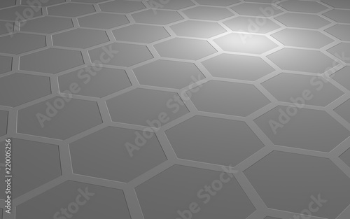 Honeycomb on a gray background. Perspective view on polygon look like honeycomb. Extruded, bump cell. Isometric geometry. 3D illustration © Plastic man