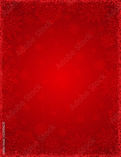 Red christmas background with  frame of snowflakes and stars,  vector illustration
