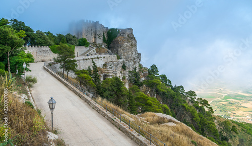 Erice Castle in the fog, province of Trapani, Sicily, Italy.