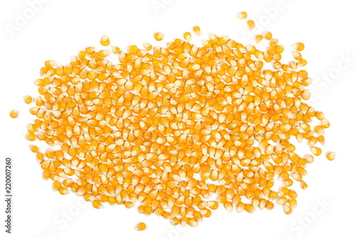 Yellow grain corn isolated on white background and texture, for popcorn, top view