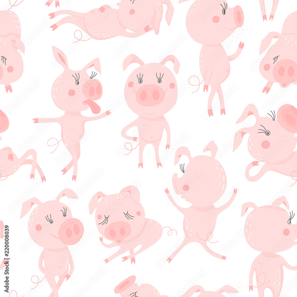 Seamless pattern with cute pigs.Symbol of the year in the Chinese calendar 2019. Piggy cartoon character. Vector illustration.