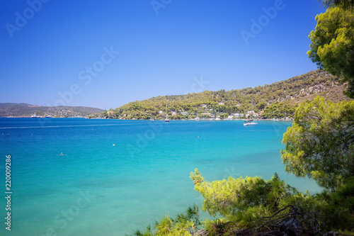 Travel Greece. Spectacular view on one of the most beautiful beaches in Poros Island. Summer holiday