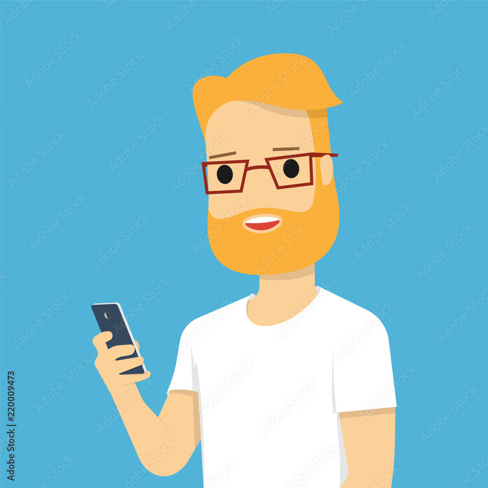 Young man holding smartphone in his hands. Vector illustration i Young man holding smartphone in his hands. Vector illustration i