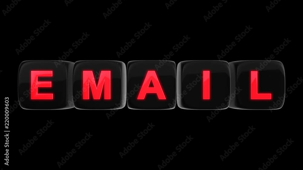 Email red glowing text word on black glossy cubes 3D animation on black background Email red glowing text word on black glossy cubes 3D animation on black background