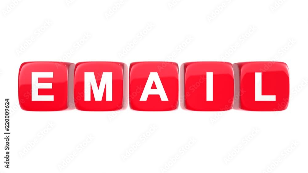 Email text word on red glossy cubes 3D animation on white background Email text word on red glossy cubes 3D animation on white background