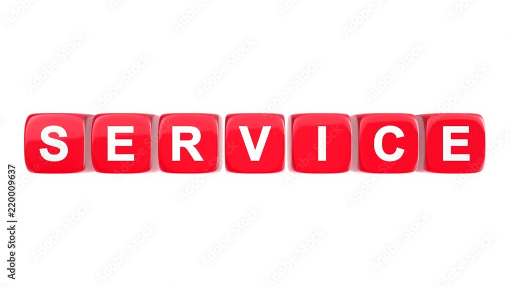 Service text word on red glossy cubes 3D animation on white background Service text word on red glossy cubes 3D animation on white background