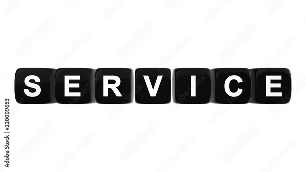 Service text word on black glossy cubes 3D animation on white background Service text word on black glossy cubes 3D animation on white background