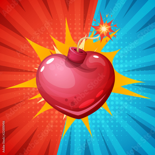 Heart,bomb illustration on the halftone background. Vector eps 10
