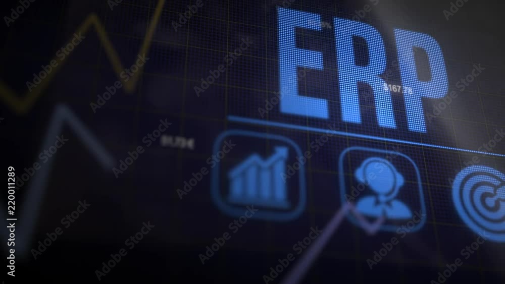 A ERP business concept on a flashing computer monitor with moving graphs and data. A ERP business concept on a flashing computer monitor with moving graphs and data.