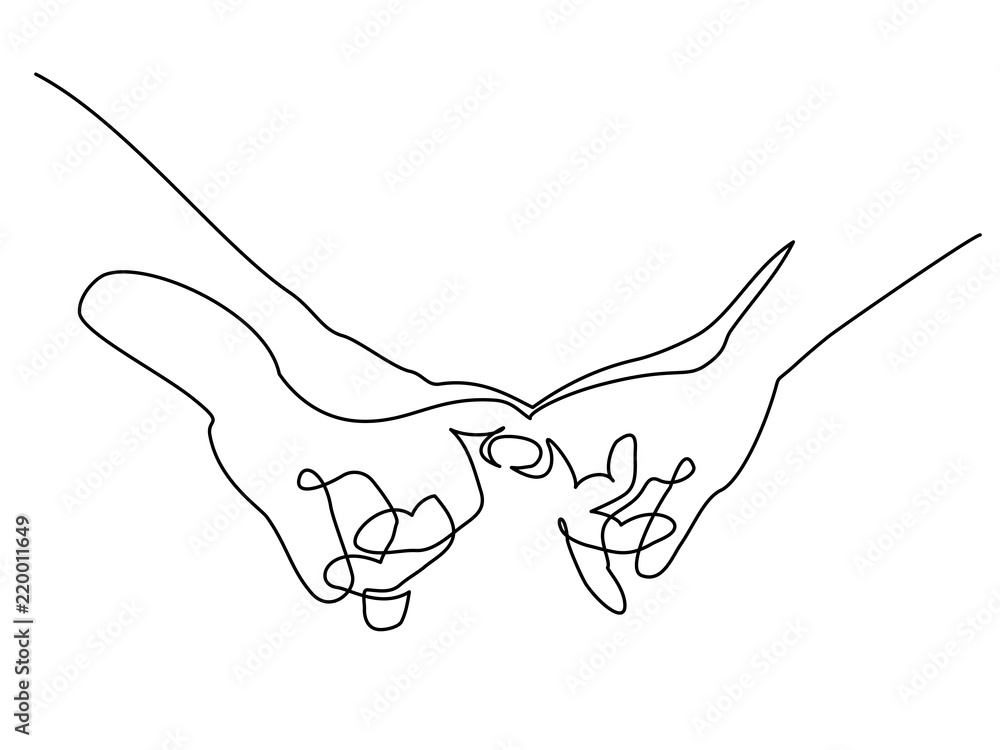 Continuous one line drawing. Hands woman and man holding together with little fingers. Vector illustration. Concept for logo, card, banner, poster flyer Continuous one line drawing. Hands woman and man holding together with little fingers. Vector illustration. Concept for logo, card, banner, poster flyer