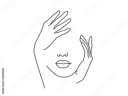 Line Drawing Art. Woman face with hand. Vector illustration. Concept for logo, card, banner, poster flyer