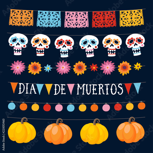Set of Dia de los Muertos, Mexican Day of the Dead garlands with lights, bunting flags, ornamental skulls and pumpkins. Collection of Halloween garden party decorations. Isolated vector objects.